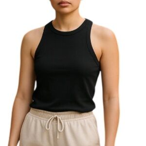 JOIE Ribbed Tank Top Black Raw Hem Crewneck Pima Cotton Modal Stretch Size M